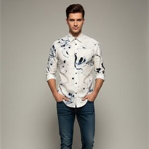 Diesel Men’s Abstract Ink Print Button-Down Shirt | Size Small